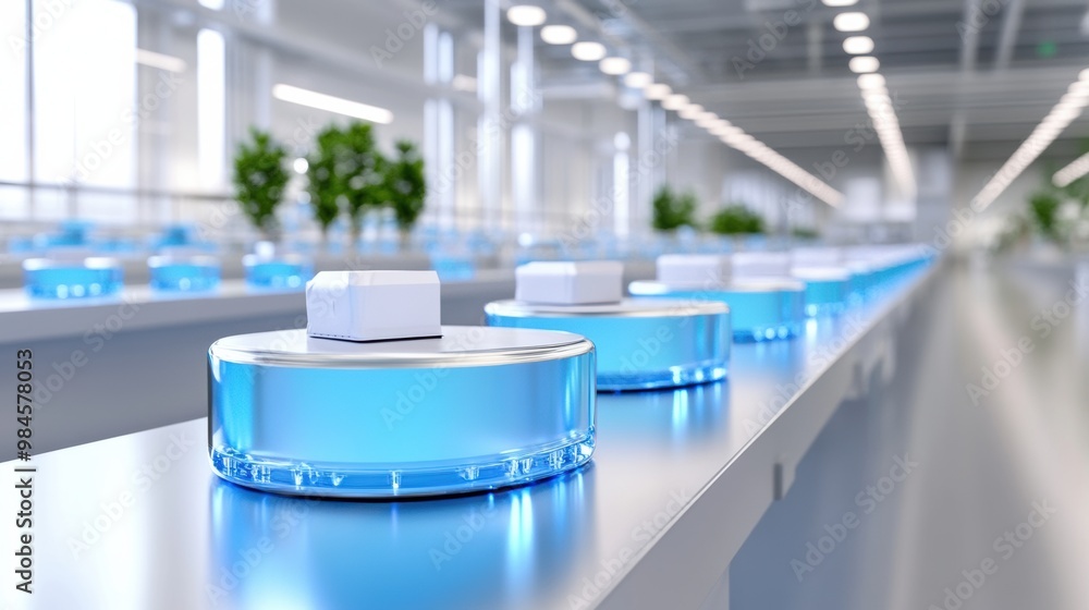 Modern Laboratory with Blue Bottles on Silver Surface Modern Laboratory with Blue Bottles on Silver Surface