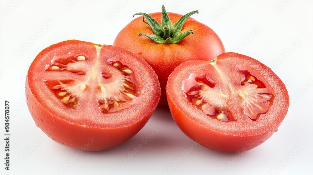 A bright red tomato, whole and sliced in half. The image shows juicy, fresh tomatoes ready for eating or use in cooking. A bright red tomato, whole and sliced in half. The image shows juicy, fresh tomatoes ready for eating or use in cooking.