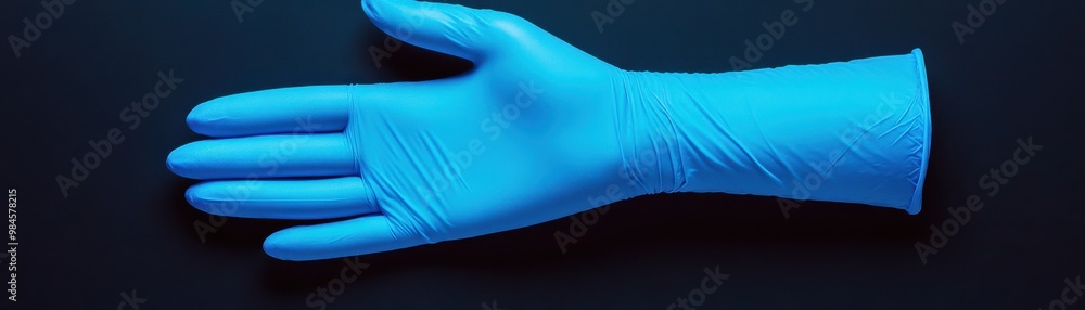 Blue latex glove on a dark background, ideal for health, protection, and hygiene concepts in various professional settings. Blue latex glove on a dark background, ideal for health, protection, and hygiene concepts in various professional settings.