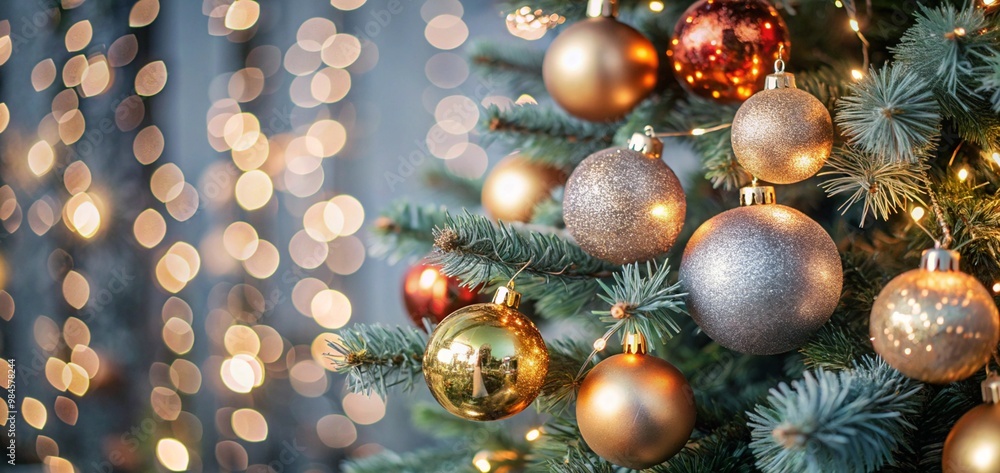 Christmas Tree With Baubles balls And Blurred Shiny Lights ornaments decoration Christmas Tree With Baubles balls And Blurred Shiny Lights ornaments decoration