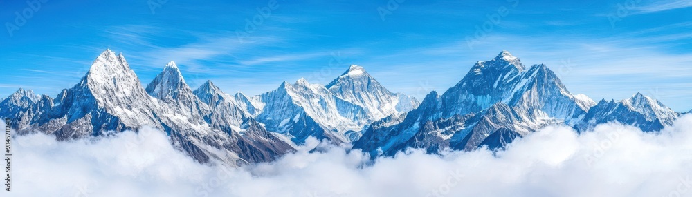 Breathtaking panoramic view of snow-capped mountains rising above fluffy clouds under a bright blue sky. Breathtaking panoramic view of snow-capped mountains rising above fluffy clouds under a bright blue sky.