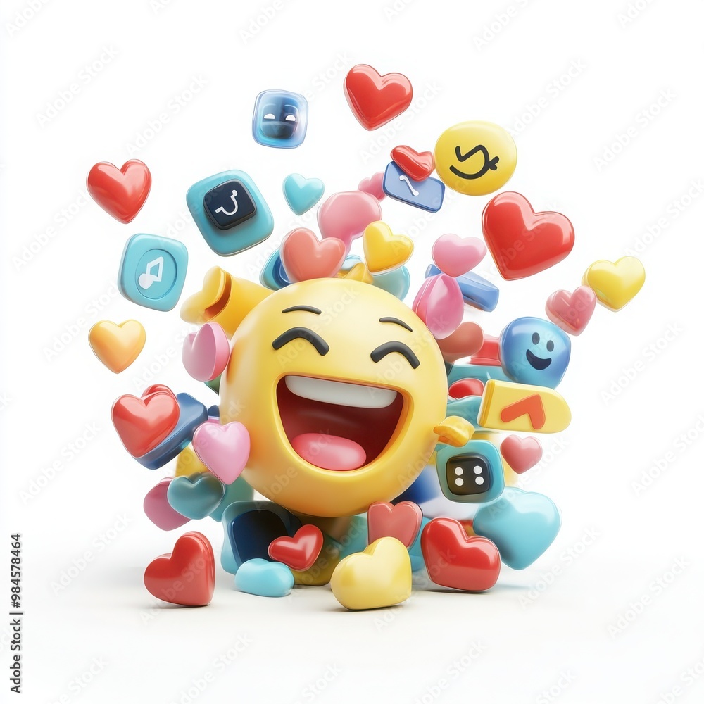 Obraz premium A 3D cartoon emoji throwing social media icons like hearts, comments, and shares into the air, symbolizing online activity, on a white background 