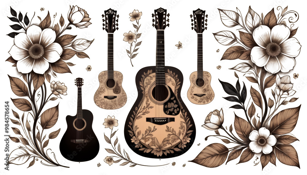 hand poster guitar art music background inking drawn acoustic cool elaborate design concept sepia music design flower design vintage color abstract illustration black concert music guitar concert