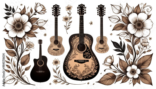 Obraz na płótnie hand poster guitar art music background inking drawn acoustic cool elaborate design concept sepia music design flower design vintage color abstract illustration black concert music guitar concert w salonie