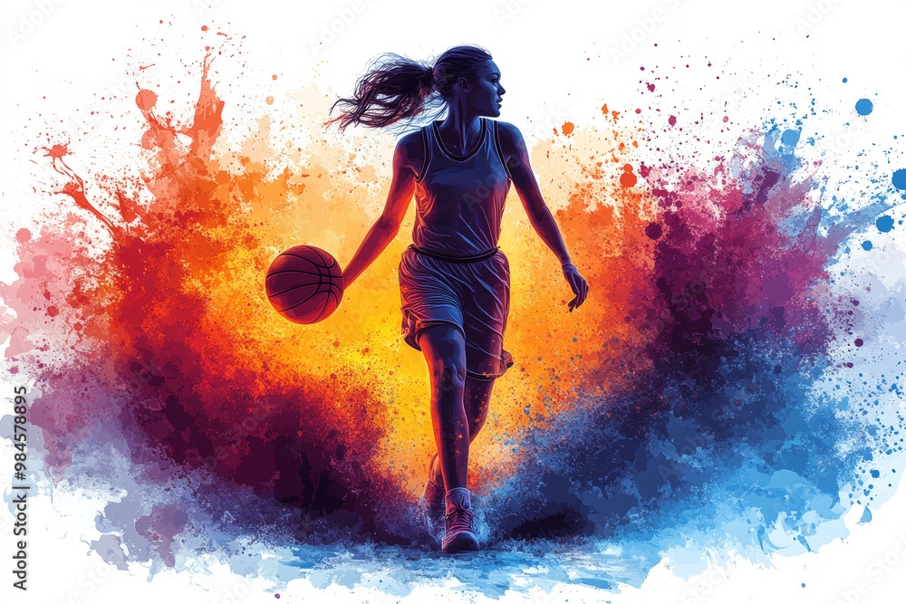 Naklejka premium Female basketball player with ball. Grunge background.