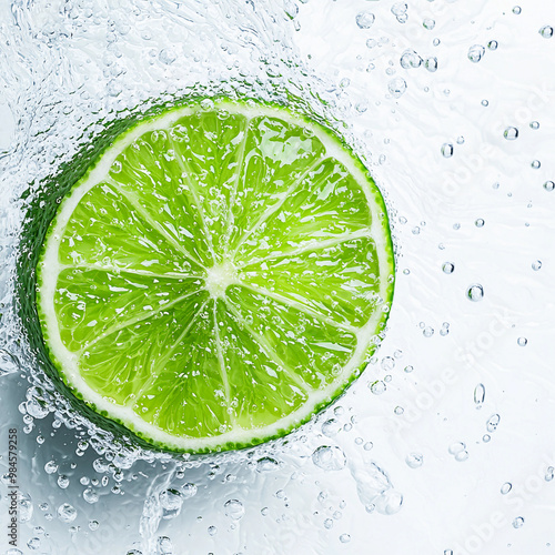 Fresh lime wedge splashing into sparkling water creates refreshing scene