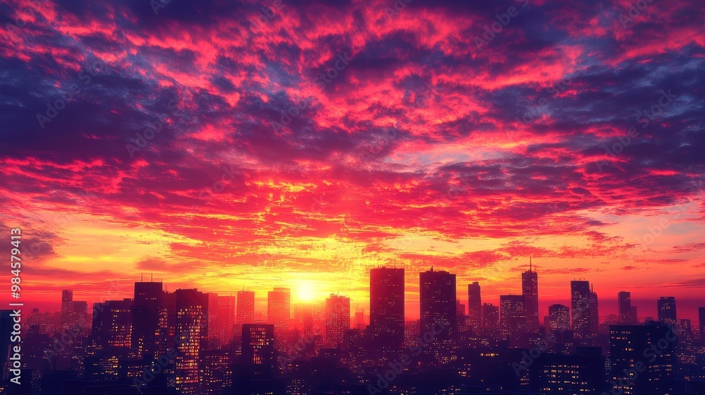 Fototapeta premium A photorealistic evening sunset over a city skyline, the buildings silhouetted against a glowing sky filled with rich shades of red, orange, and purple.