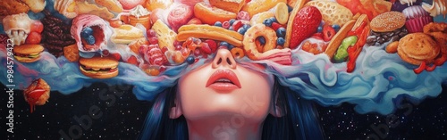 A woman's mind is consumed by colorful junk food, showing the grip of food addiction