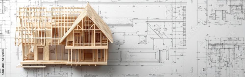 Obraz premium A wooden frame house model is being constructed next to architectural blueprints for planning