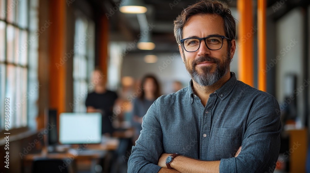 Confident middle-aged man with glasses standing with arms crossed in a modern open office space, illustrating professional success and leadership Confident middle-aged man with glasses standing with arms crossed in a modern open office space, illustrating professional success and leadership
