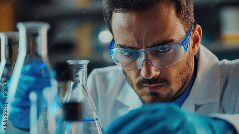 A scientist in a lab, focused on conducting experiments with glassware and chemicals. A scientist in a lab, focused on conducting experiments with glassware and chemicals.