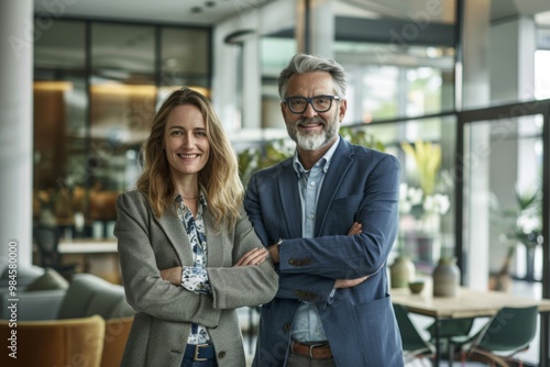 Wallpaper Mural Portrait of a business man and woman smiling in modern office, standing together. Torontodigital.ca