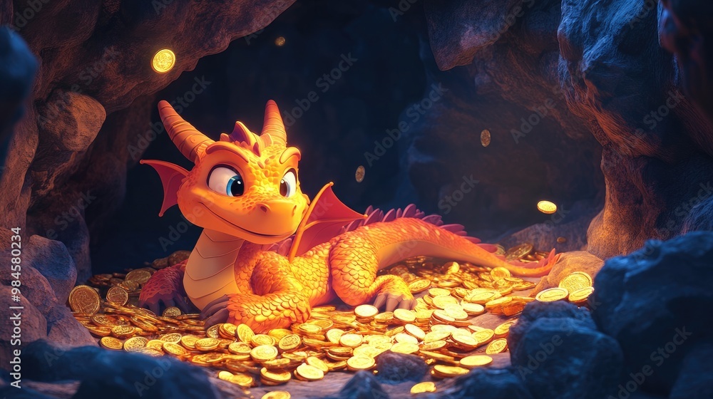A playful 3D cartoon dragon curled up in a cave filled with gold coins and treasure, with exaggerated eyes and a friendly expression, perfect for a fun fantasy scene A playful 3D cartoon dragon curled up in a cave filled with gold coins and treasure, with exaggerated eyes and a friendly expression, perfect for a fun fantasy scene
