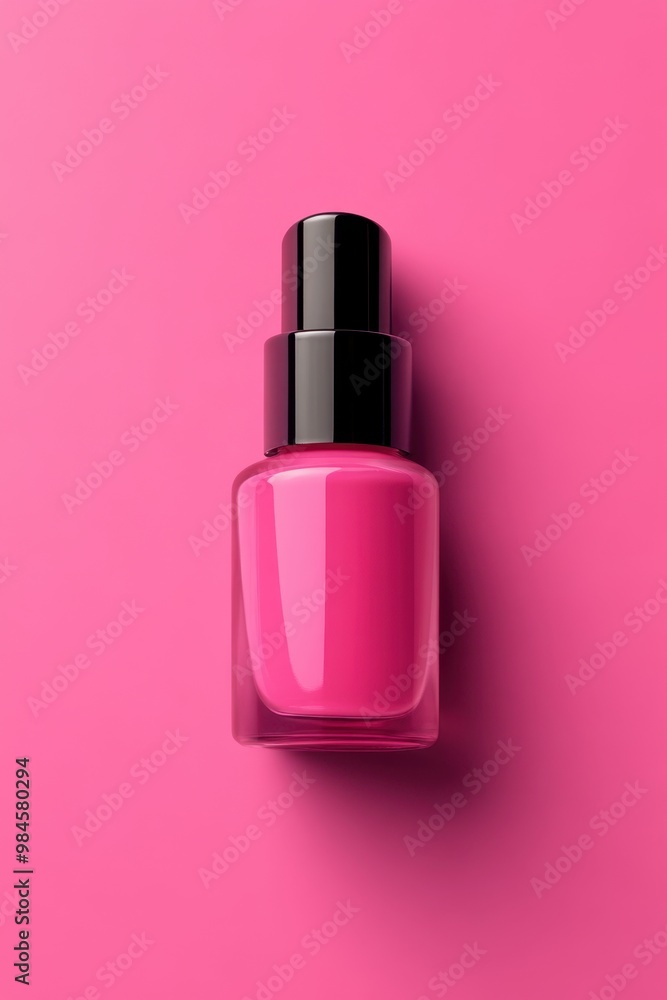 A vibrant pink nail polish bottle is centrally placed against a matching pink background, perfect for beauty and cosmetic promotions, product showcases, or social media marketing, A vibrant pink nail polish bottle is centrally placed against a matching pink background, perfect for beauty and cosmetic promotions, product showcases, or social media marketing,
