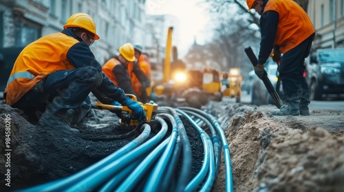 Workers in uniforms and helmets lay fiber optic cables for internet in the city