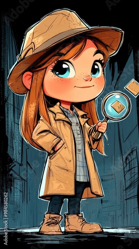 Cute Cartoon Girl Detective with Magnifying Glass