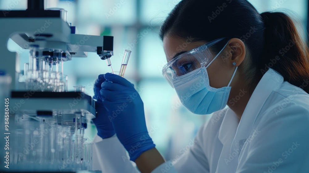 A scientist in a lab, examining a test tube under a microscope. A scientist in a lab, examining a test tube under a microscope.
