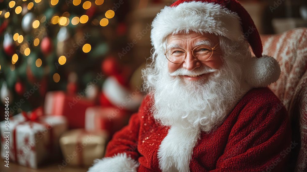 Smiling Santa Claus in a festive setting with Christmas tree and gifts during the holiday season Smiling Santa Claus in a festive setting with Christmas tree and gifts during the holiday season