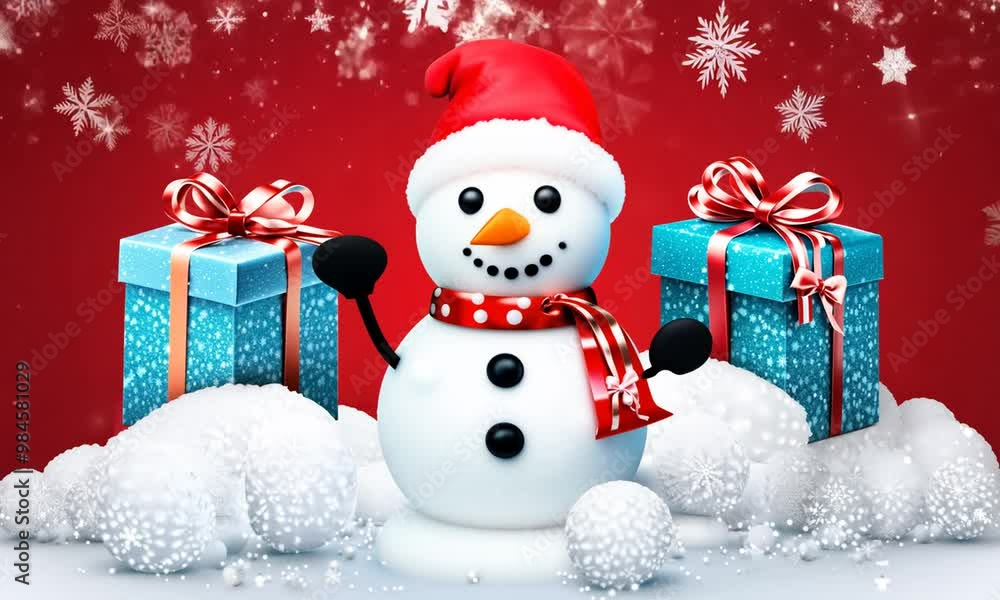 Cheerful snowman in a festive red hat with gift boxes and snowflakes on a bright winter background Cheerful snowman in a festive red hat with gift boxes and snowflakes on a bright winter background