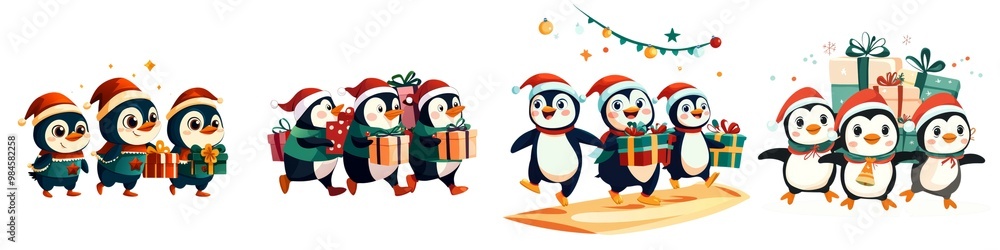 Fototapeta premium A cheerful collection of penguins celebrating the holiday season with gifts, decorations, and festive attire.