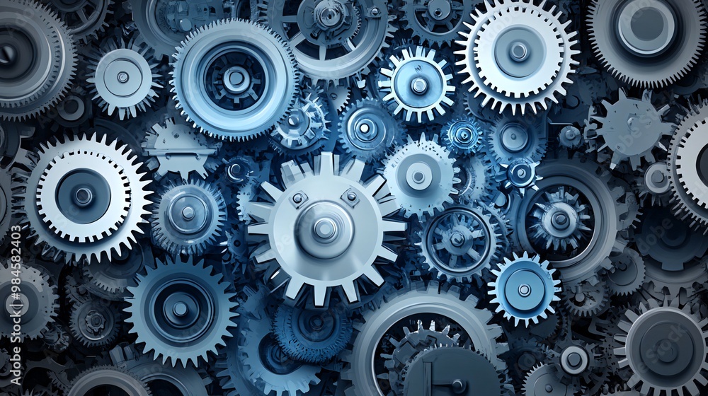 A complex arrangement of interlocking gears in a blue and gray color palette, representing the interconnectedness and complexity of systems. A complex arrangement of interlocking gears in a blue and gray color palette, representing the interconnectedness and complexity of systems.