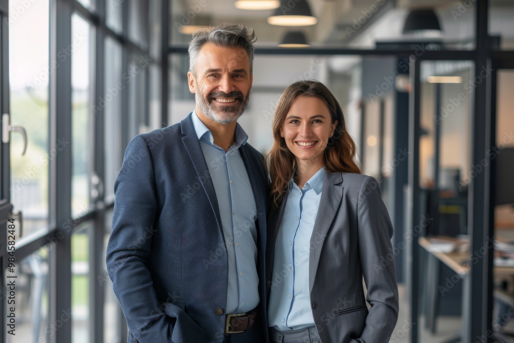 Portrait of a business man and woman smiling in modern office, standing together. Portrait of a business man and woman smiling in modern office, standing together.