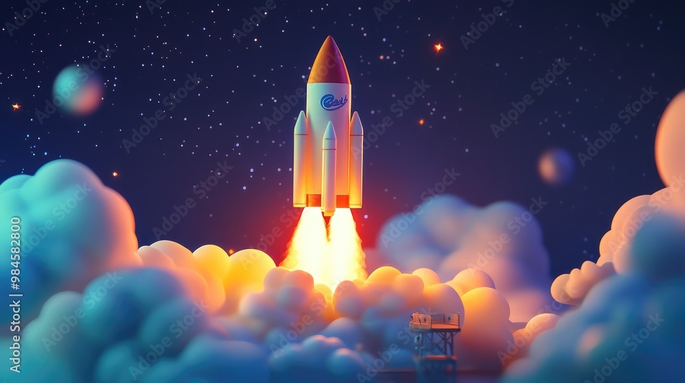 Fototapeta premium Cartoon 3D image of a rocket launching from a platform, surrounded by clouds and stars, capturing the excitement of space science and exploration