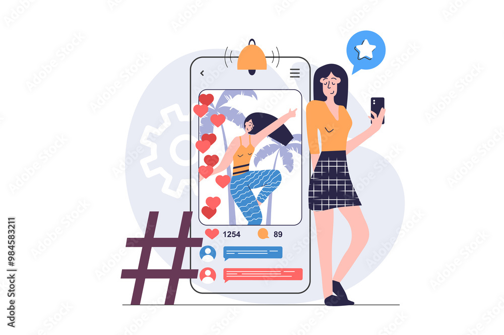 Social network concept in modern flat design for web. Woman posting her new photo in online blog, getting new follower subscriptions, heart reactions and audience comments. Illustration. Social network concept in modern flat design for web. Woman posting her new photo in online blog, getting new follower subscriptions, heart reactions and audience comments. Illustration.