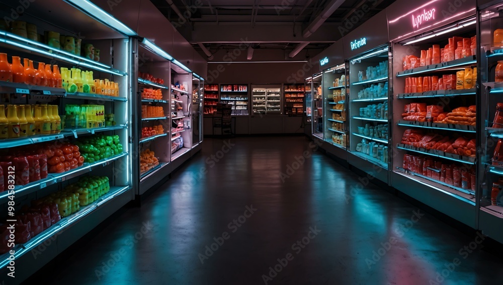 Neon-lit supermarket aisle. Neon-lit supermarket aisle.