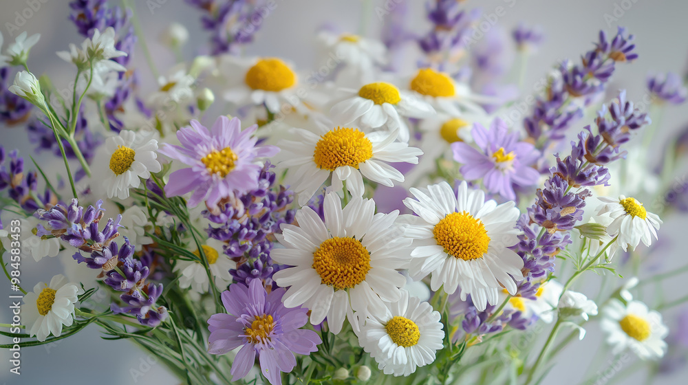 Fototapeta premium A beautiful bouquet of lavender and chamomile wildflowers, featuring vibrant purple and white blooms with cheerful yellow centers, creating serene and calming atmosphere