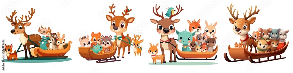 A whimsical illustration of reindeer and woodland animals joyfully riding in a festive sleigh, perfect for holiday themes. A whimsical illustration of reindeer and woodland animals joyfully riding in a festive sleigh, perfect for holiday themes.