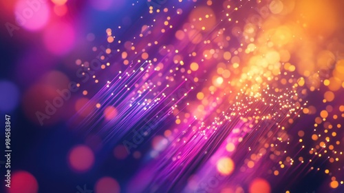 Macro shot of fiber optic strands emitting vibrant colors, symbolizing fast communication and seamless data flow in modern technology networks