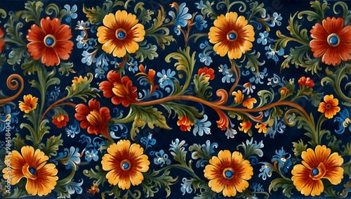 Norwegian rosemaling with blue floral designs.