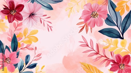 A vibrant watercolor floral background featuring colorful flowers and leaves, perfect for invitations and decor.