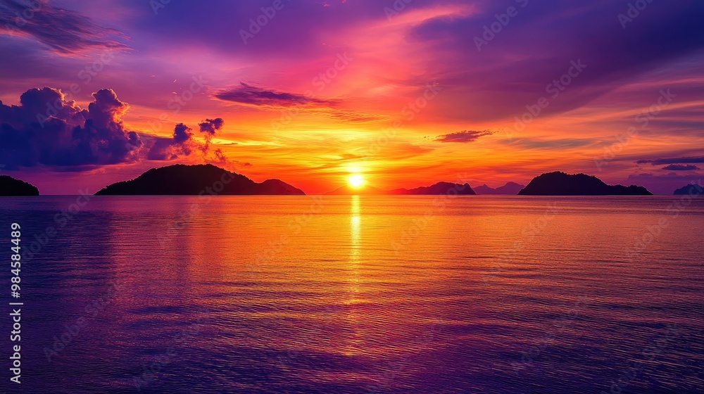 Naklejka premium The sun setting behind distant islands on a calm sea, with the colorful evening sky filled with shades of purple, orange, and red, creating a peaceful seaside moment.