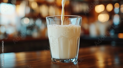 Milk pouring into a glass on a wooden table with a blurred background.