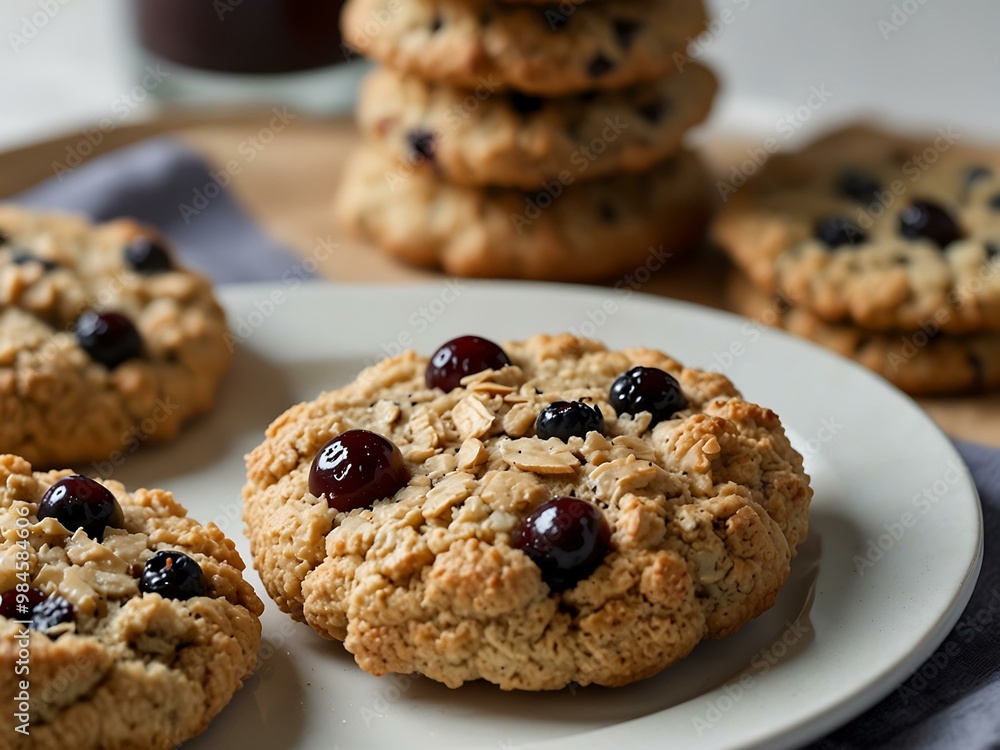 Oat cookies with blackcurrants on a white plate. Oat cookies with blackcurrants on a white plate.