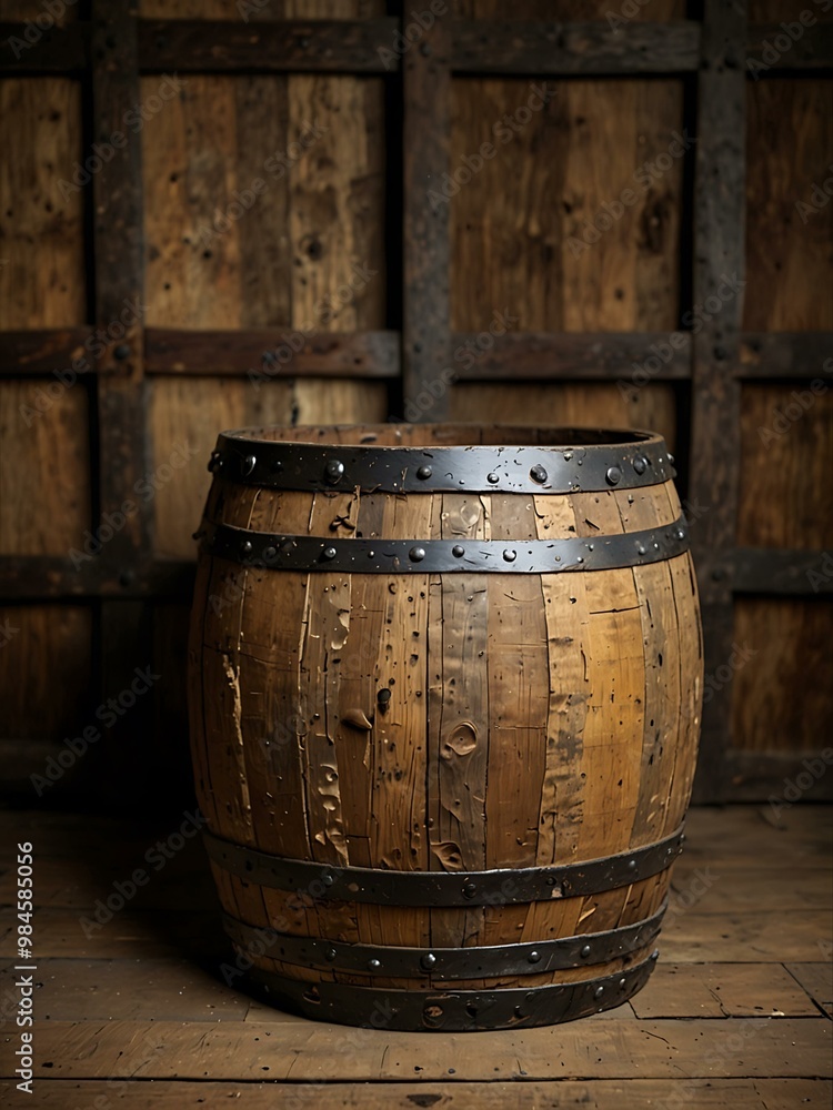 Old wooden barrel on display. Old wooden barrel on display.