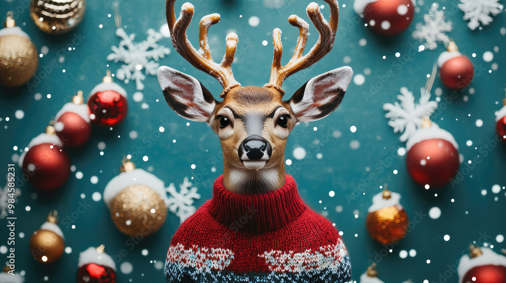 A charming reindeer character dressed in a red winter sweater, surrounded by Christmas decorations like ornaments and snowflakes, evoking a feeling of holiday cheer. A charming reindeer character dressed in a red winter sweater, surrounded by Christmas decorations like ornaments and snowflakes, evoking a feeling of holiday cheer.