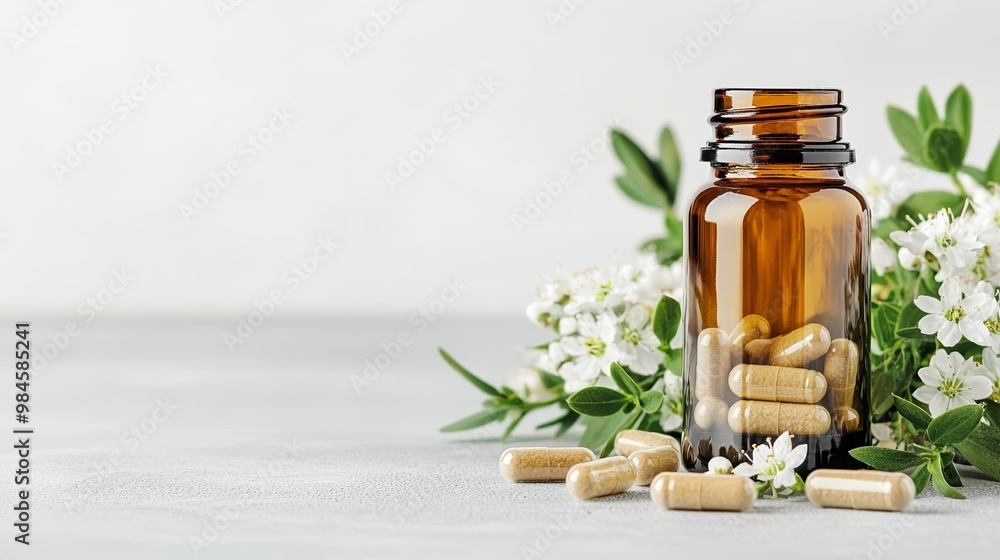 Amber glass bottle with herbal capsules, surrounded by delicate white flowers and greenery, perfect for organic supplement branding