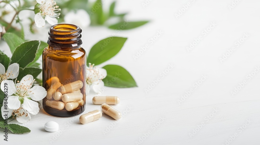 Amber glass bottle with herbal capsules, surrounded by delicate white flowers and greenery, perfect for organic supplement branding Amber glass bottle with herbal capsules, surrounded by delicate white flowers and greenery, perfect for organic supplement branding