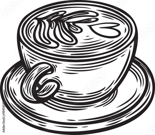 Line drawing vector coffee cup with latte art isolated on white background.