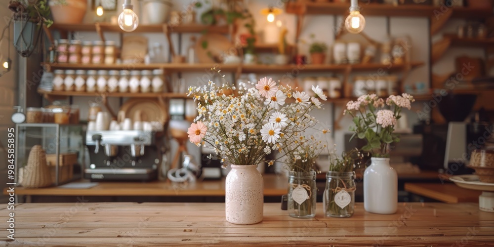 A cozy cafe countertop adorned with beautiful flower arrangements in rustic jars creating a warm and inviting atmosphere amidst a charming backdrop A cozy cafe countertop adorned with beautiful flower arrangements in rustic jars creating a warm and inviting atmosphere amidst a charming backdrop