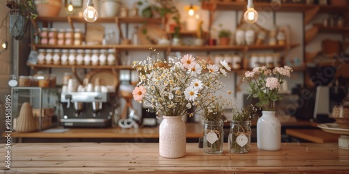 A cozy cafe countertop adorned with beautiful flower arrangements in rustic jars creating a warm and inviting atmosphere amidst a charming backdrop