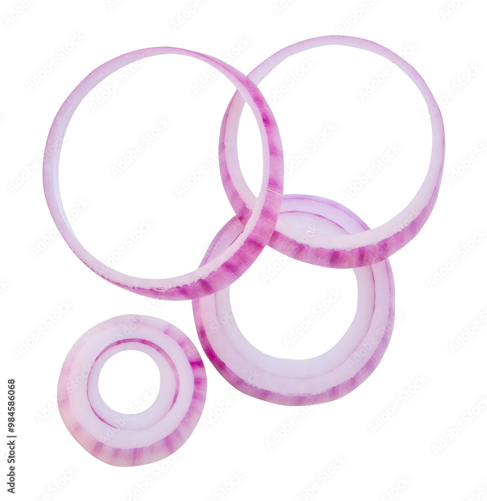 Top view set of red onion slices or onion rings in stack isolated on white background with clipping path Top view set of red onion slices or onion rings in stack isolated on white background with clipping path