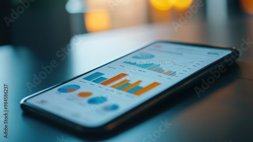 A smartphone displaying colorful data visualizations and graphs on a table. photo