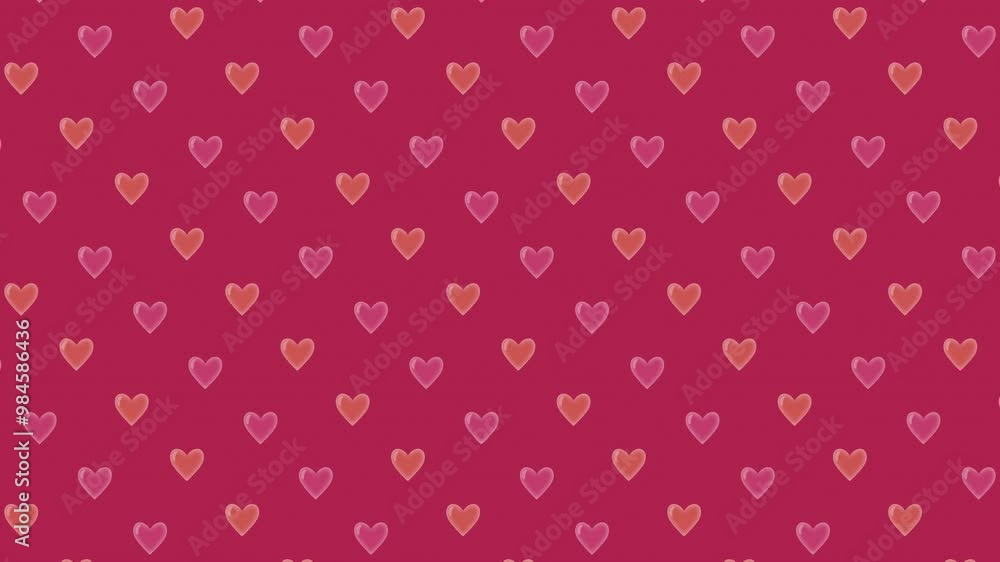 Orange and pink heart shapes scroll diagonally while blinking. 4K motion loop red background. Orange and pink heart shapes scroll diagonally while blinking. 4K motion loop red background.
