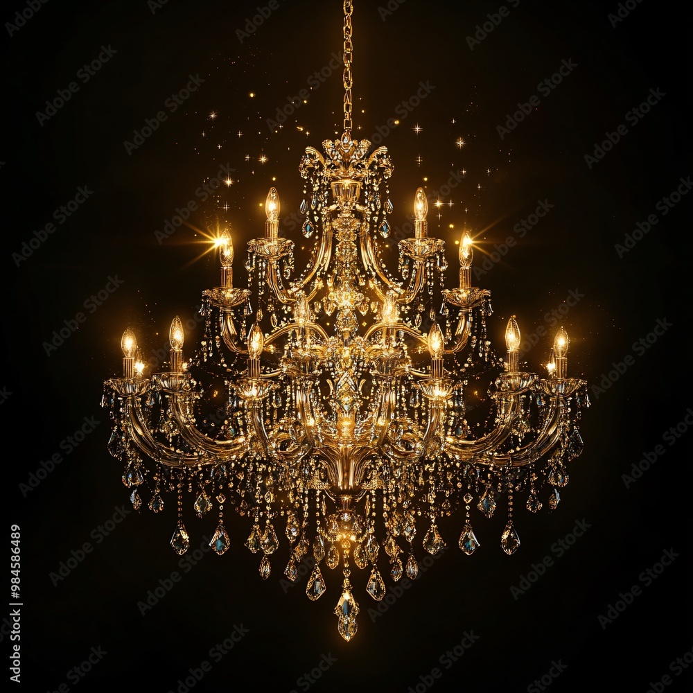 Elegant Crystal Chandelier Illuminated In Gold Glow With Dark Background - Perfect for Luxury Interior Design and Events Elegant Crystal Chandelier Illuminated In Gold Glow With Dark Background - Perfect for Luxury Interior Design and Events