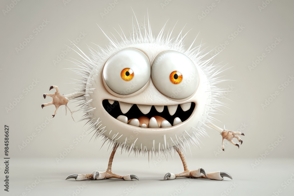 A cartoon monster with white spiky fur, large expressive eyes, and wide toothy grin stands ready to interact with excitement, showcasing its playful nature. A cartoon monster with white spiky fur, large expressive eyes, and wide toothy grin stands ready to interact with excitement, showcasing its playful nature.