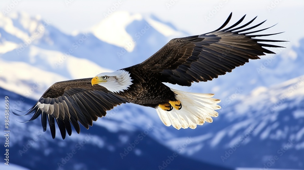 Obraz premium Bald eagle (Haliaeetus leucocephalus) flying and hunting, South-central Alaska in winter